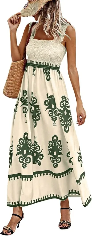 Summer Dresses for Women 2025 Sleeveless Square Neck Smocked Maxi Dress Flowy A Line Floral Midi Dress Boho Sundress