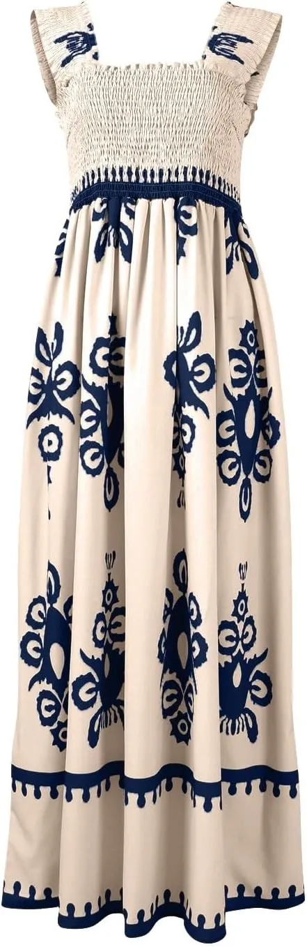 Summer Dresses for Women 2025 Sleeveless Square Neck Smocked Maxi Dress Flowy A Line Floral Midi Dress Boho Sundress