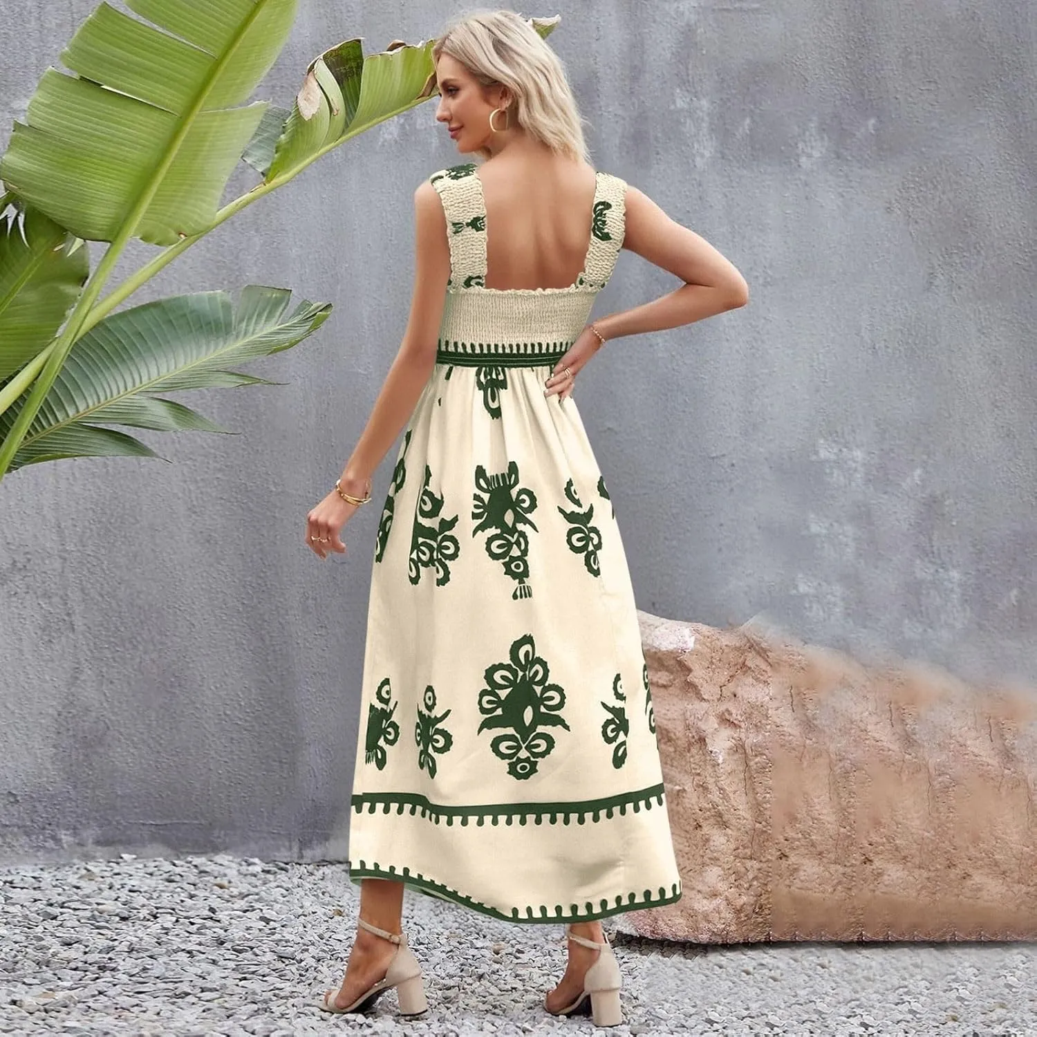 Summer Dresses for Women 2025 Sleeveless Square Neck Smocked Maxi Dress Flowy A Line Floral Midi Dress Boho Sundress
