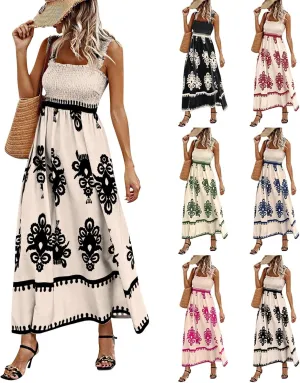 Summer Dresses for Women 2025 Sleeveless Square Neck Smocked Maxi Dress Flowy A Line Floral Midi Dress Boho Sundress