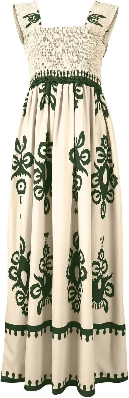 Summer Dresses for Women 2025 Sleeveless Square Neck Smocked Maxi Dress Flowy A Line Floral Midi Dress Boho Sundress