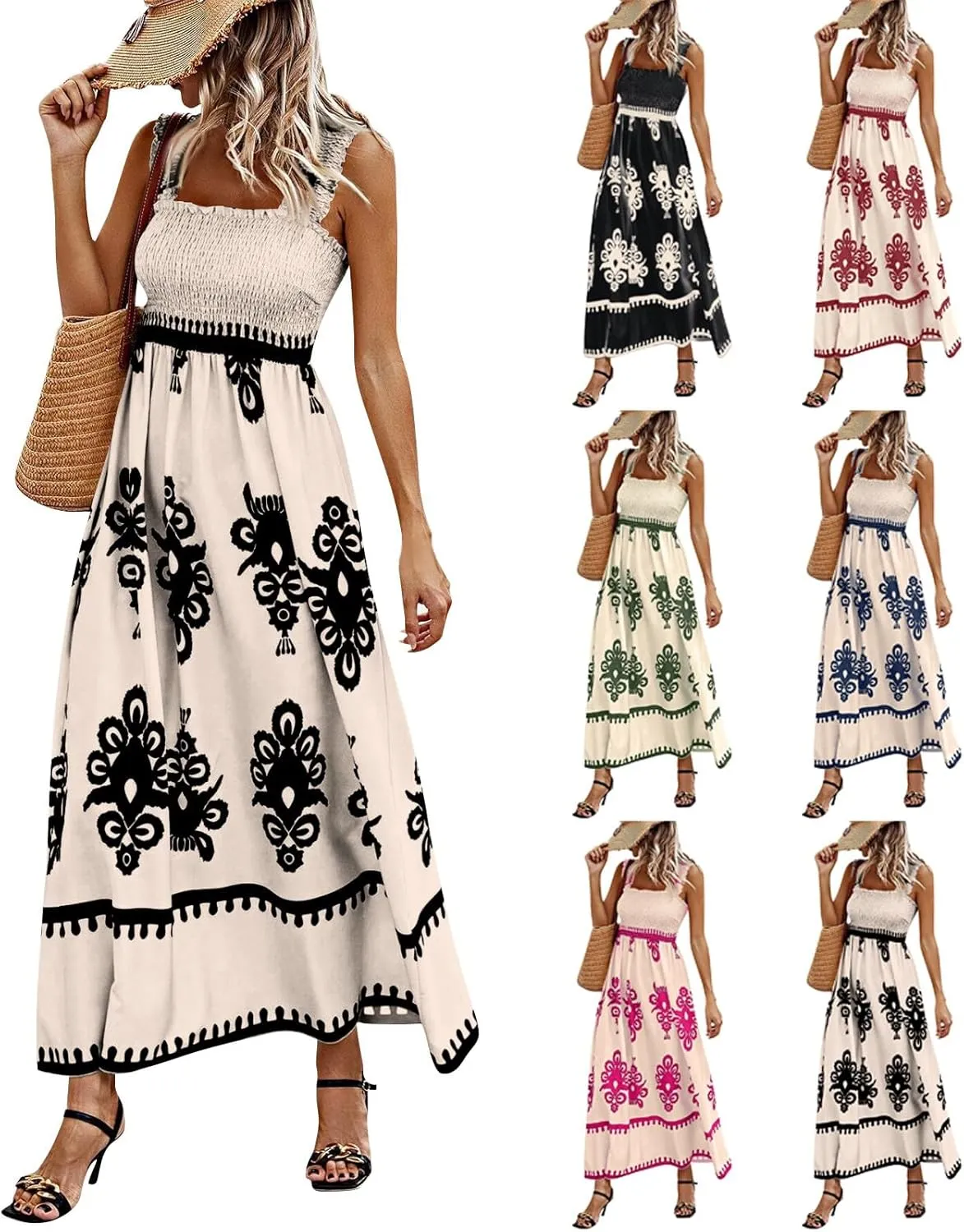 Summer Dresses for Women 2025 Sleeveless Square Neck Smocked Maxi Dress Flowy A Line Floral Midi Dress Boho Sundress