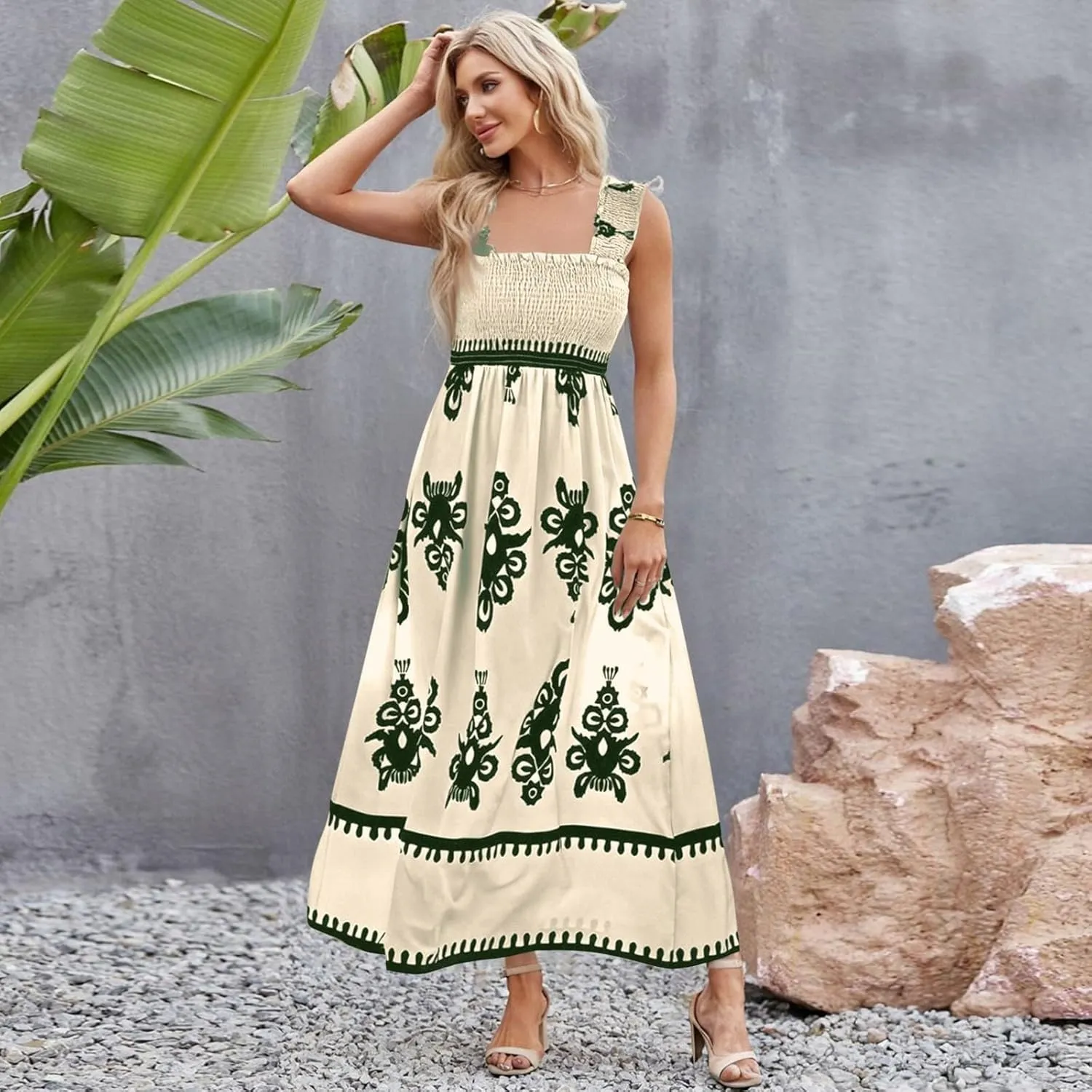 Summer Dresses for Women 2025 Sleeveless Square Neck Smocked Maxi Dress Flowy A Line Floral Midi Dress Boho Sundress