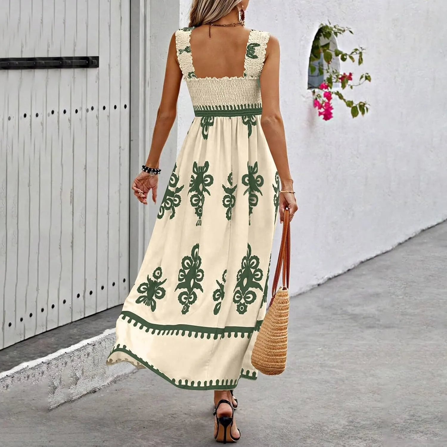 Summer Dresses for Women 2025 Sleeveless Square Neck Smocked Maxi Dress Flowy A Line Floral Midi Dress Boho Sundress