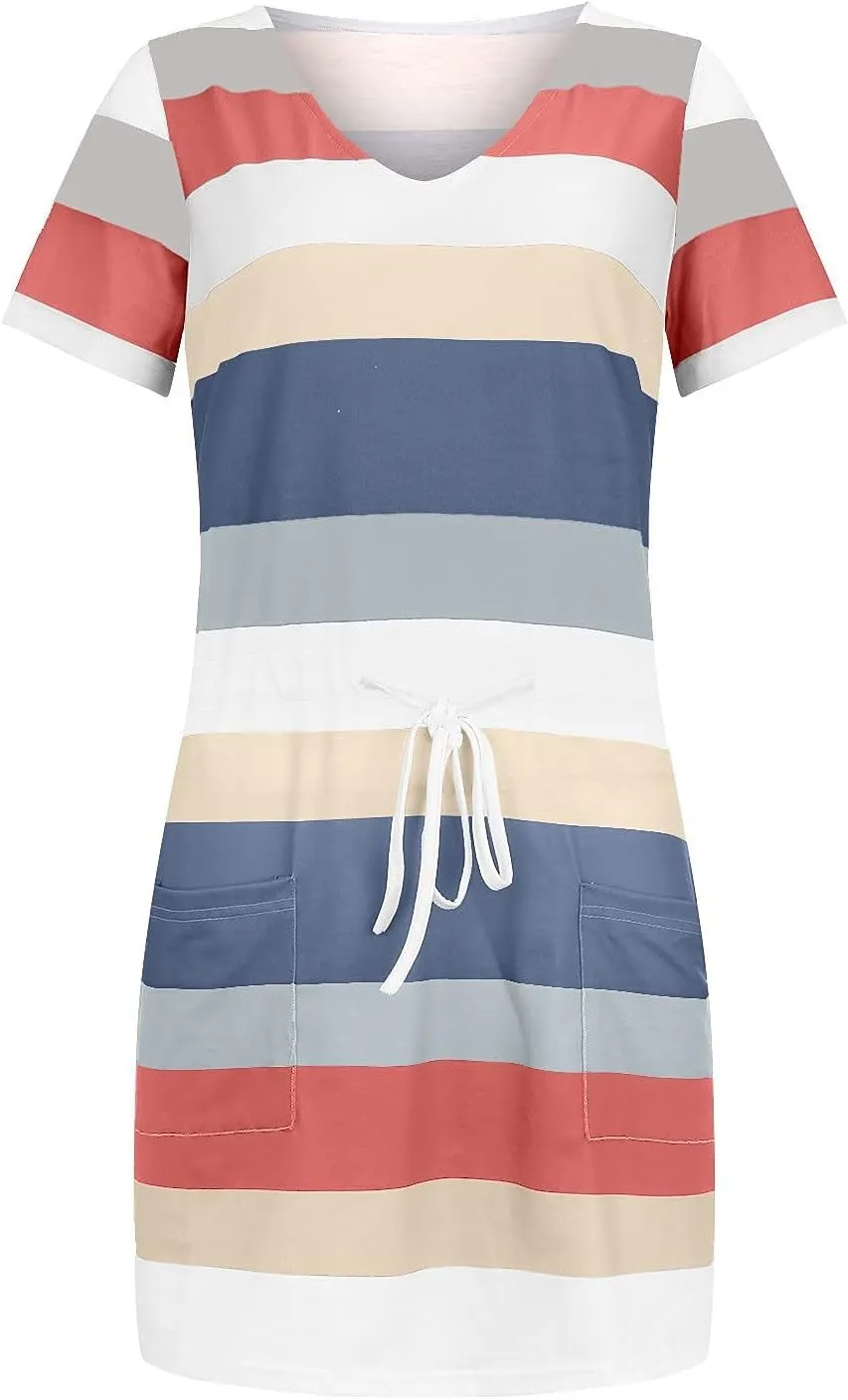 Summer Dresses for Women 2025 V Neck Short Sleeve Mini Dress Casual Beach Vacation Striped Sundress with Pockets