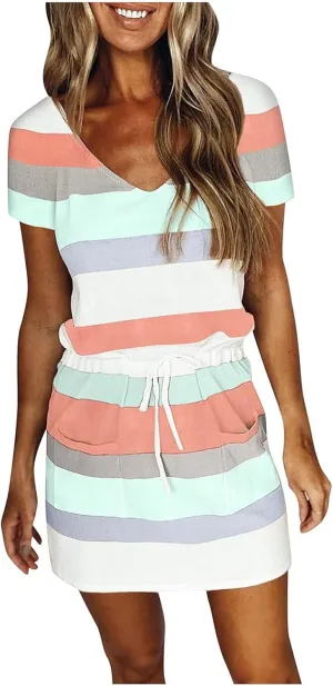 Summer Dresses for Women 2025 V Neck Short Sleeve Mini Dress Casual Beach Vacation Striped Sundress with Pockets