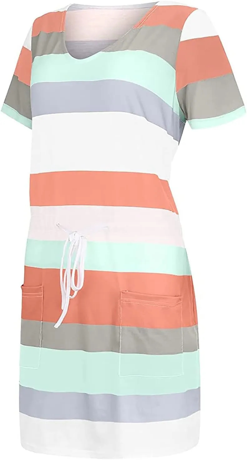 Summer Dresses for Women 2025 V Neck Short Sleeve Mini Dress Casual Beach Vacation Striped Sundress with Pockets