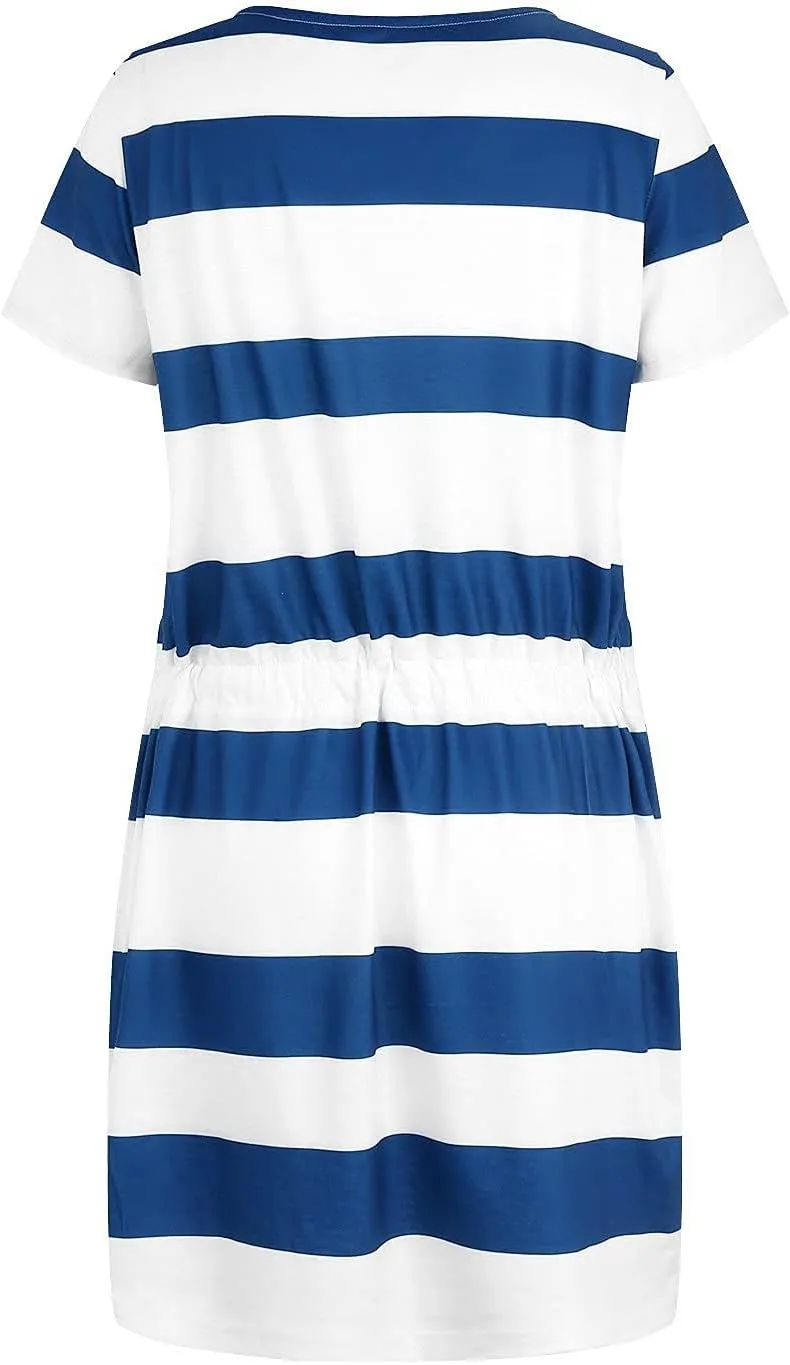 Summer Dresses for Women 2025 V Neck Short Sleeve Mini Dress Casual Beach Vacation Striped Sundress with Pockets