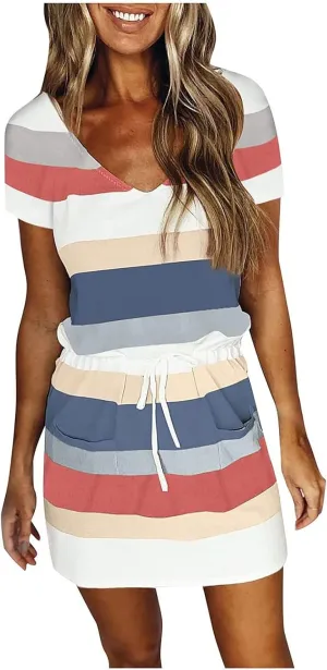 Summer Dresses for Women 2025 V Neck Short Sleeve Mini Dress Casual Beach Vacation Striped Sundress with Pockets