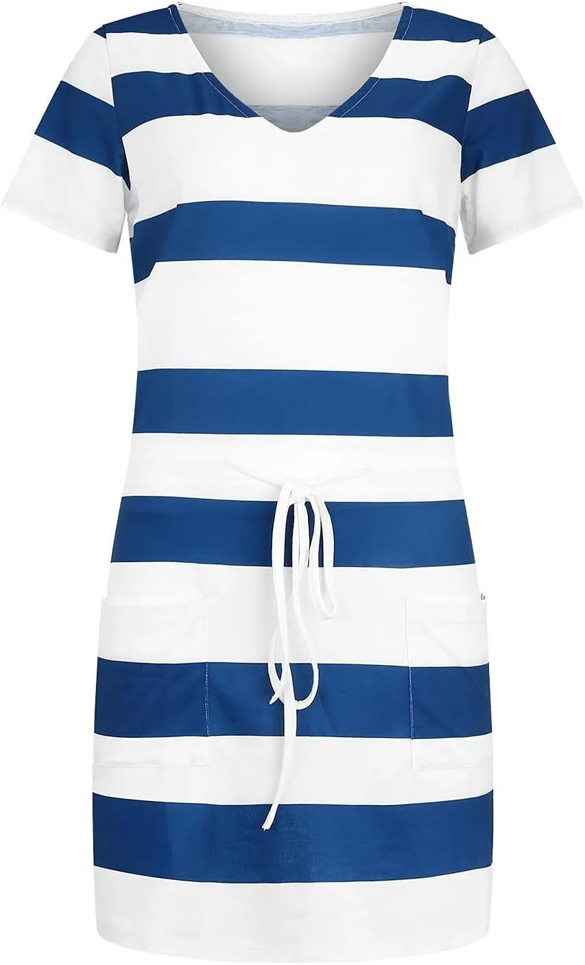 Summer Dresses for Women 2025 V Neck Short Sleeve Mini Dress Casual Beach Vacation Striped Sundress with Pockets