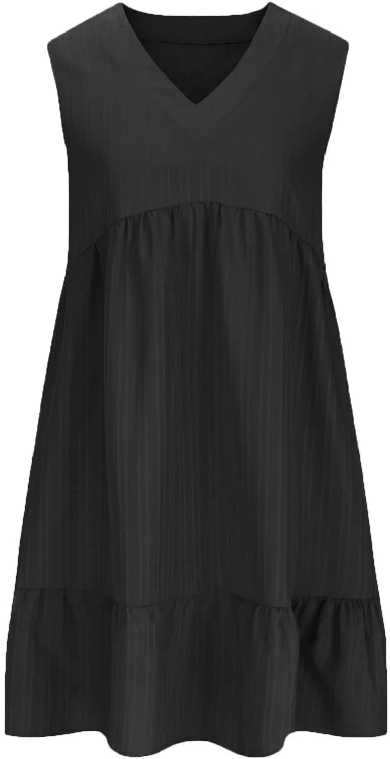 Summer Dresses for Women 2025 V Neck Sleeveless Mini Dress Ruffle A Line Swing Short Dresses Vacation Beach Sundress
