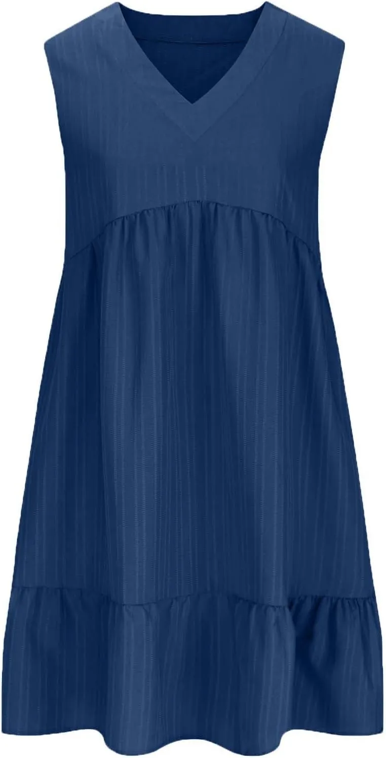 Summer Dresses for Women 2025 V Neck Sleeveless Mini Dress Ruffle A Line Swing Short Dresses Vacation Beach Sundress