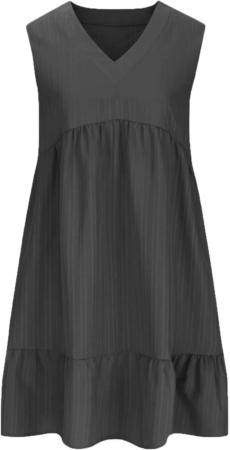 Summer Dresses for Women 2025 V Neck Sleeveless Mini Dress Ruffle A Line Swing Short Dresses Vacation Beach Sundress