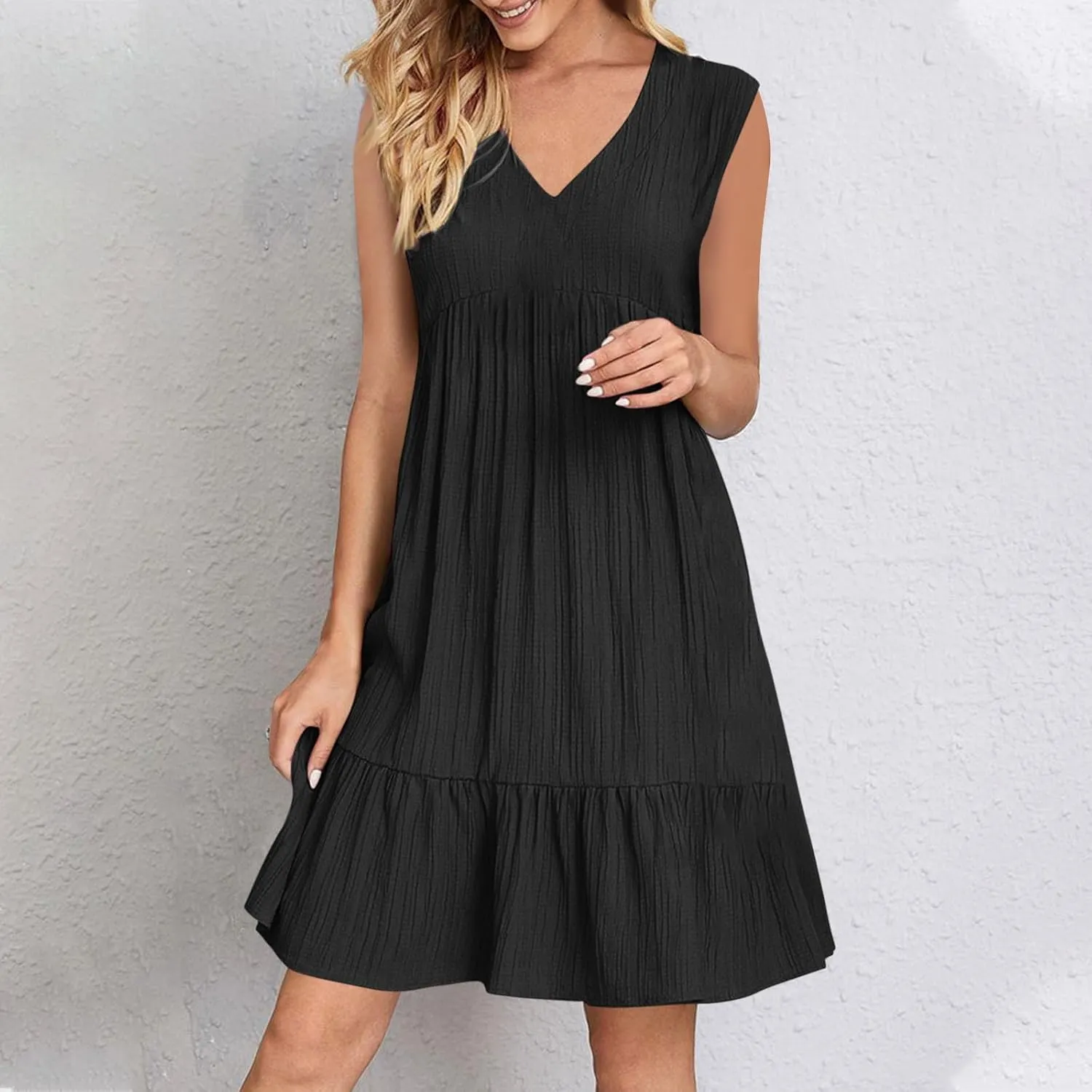 Summer Dresses for Women 2025 V Neck Sleeveless Mini Dress Ruffle A Line Swing Short Dresses Vacation Beach Sundress
