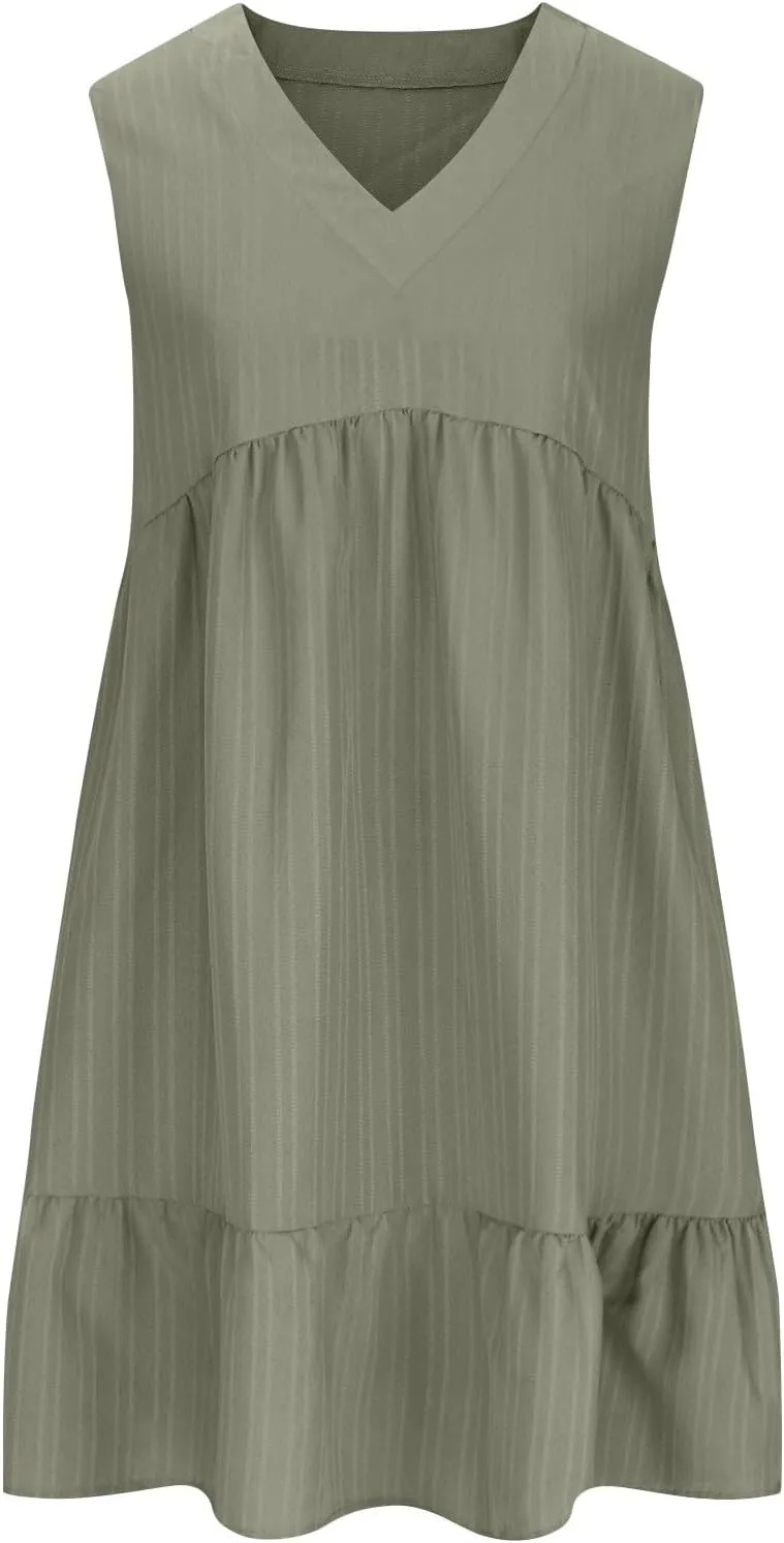 Summer Dresses for Women 2025 V Neck Sleeveless Mini Dress Ruffle A Line Swing Short Dresses Vacation Beach Sundress