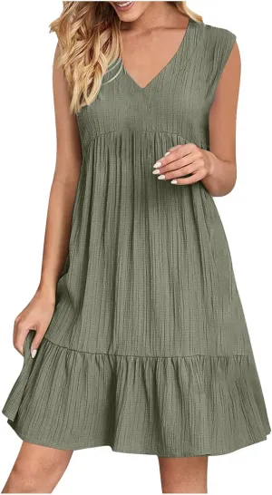 Summer Dresses for Women 2025 V Neck Sleeveless Mini Dress Ruffle A Line Swing Short Dresses Vacation Beach Sundress