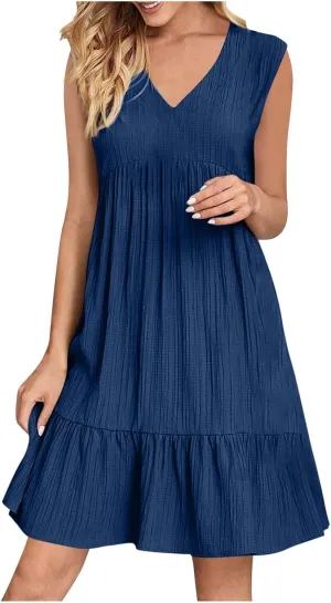 Summer Dresses for Women 2025 V Neck Sleeveless Mini Dress Ruffle A Line Swing Short Dresses Vacation Beach Sundress