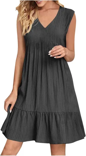 Summer Dresses for Women 2025 V Neck Sleeveless Mini Dress Ruffle A Line Swing Short Dresses Vacation Beach Sundress