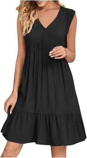 Summer Dresses for Women 2025 V Neck Sleeveless Mini Dress Ruffle A Line Swing Short Dresses Vacation Beach Sundress