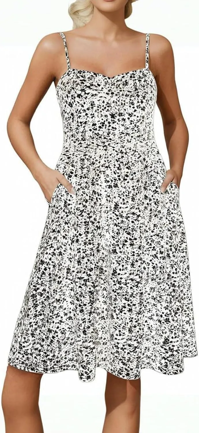 Summer Dresses for Women 2025 Vacation Beach Dresses Built in Bra Adjustable Spaghetti Strap Sundress with Pockets