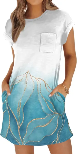 Summer Dresses for Women 2025s Casual Cap Sleeve Crewneck Loose Mini Dresses Casual Floral Beach T Shirt Dres