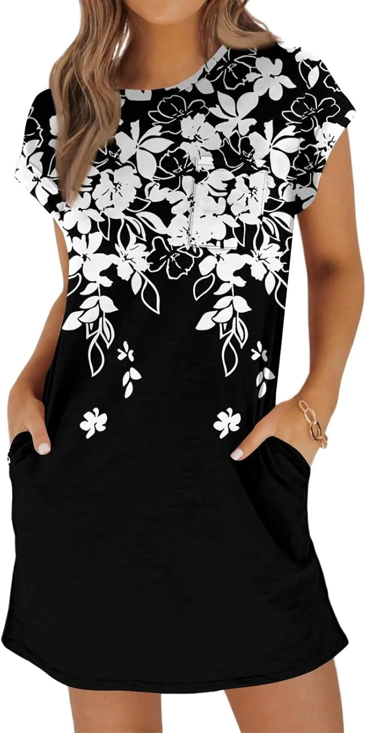 Summer Dresses for Women 2025s Casual Cap Sleeve Crewneck Loose Mini Dresses Casual Floral Beach T Shirt Dres