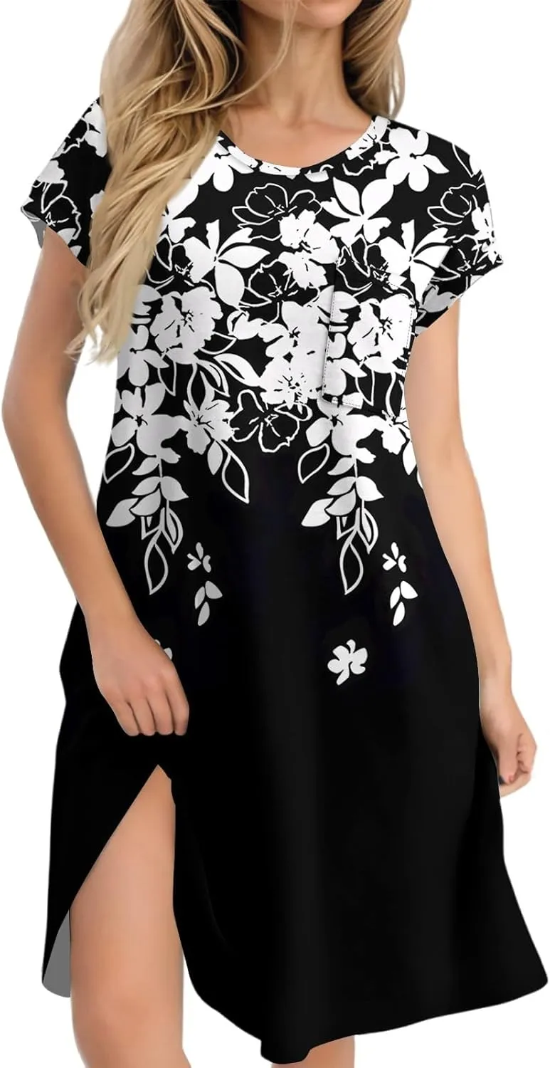 Summer Dresses for Women 2025s Casual Cap Sleeve Crewneck Loose Mini Dresses Casual Floral Beach T Shirt Dres