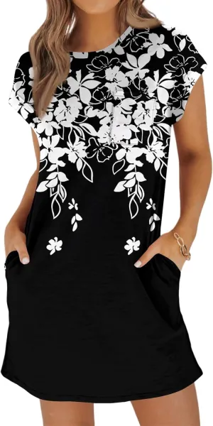 Summer Dresses for Women 2025s Casual Cap Sleeve Crewneck Loose Mini Dresses Casual Floral Beach T Shirt Dres
