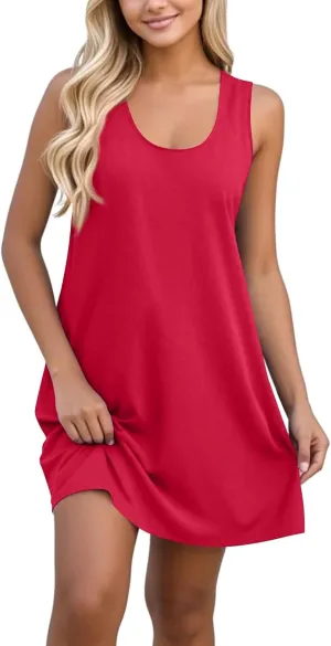 Summer Dresses for Women Casual Sleeveless Mini Dress printedBeach Sundresses Loose Tshirt Tank Dresses with Pockets