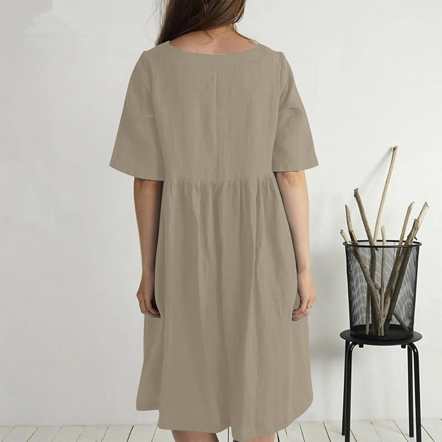 Summer Dresses for Women Crewneck Button Down Cotton Linen Dress Short Sleeve Flowy Casual 2025 Sundress