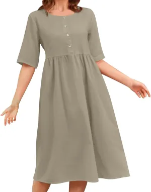 Summer Dresses for Women Crewneck Button Down Cotton Linen Dress Short Sleeve Flowy Casual 2025 Sundress
