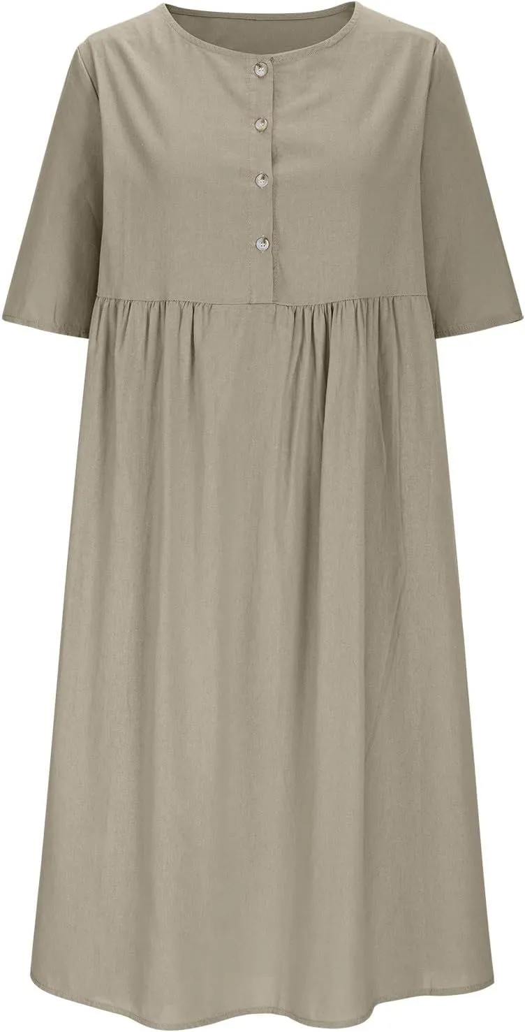Summer Dresses for Women Crewneck Button Down Cotton Linen Dress Short Sleeve Flowy Casual 2025 Sundress