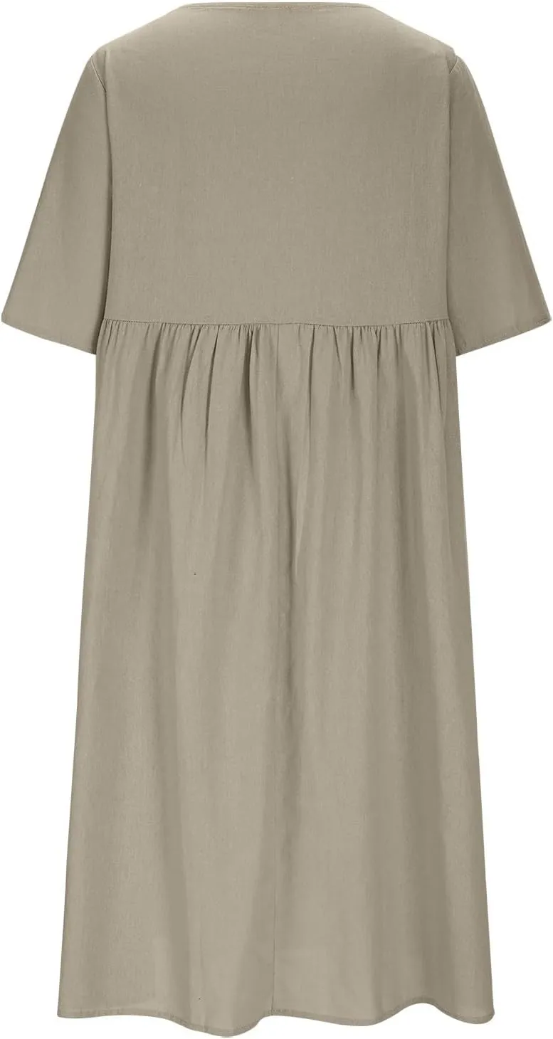 Summer Dresses for Women Crewneck Button Down Cotton Linen Dress Short Sleeve Flowy Casual 2025 Sundress