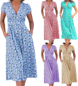 Summer Dresses for Women Floral Midi Wedding Guest Dress Deep V-Neck Short Sleeve Boho Prom Dresses Beach Sundress
