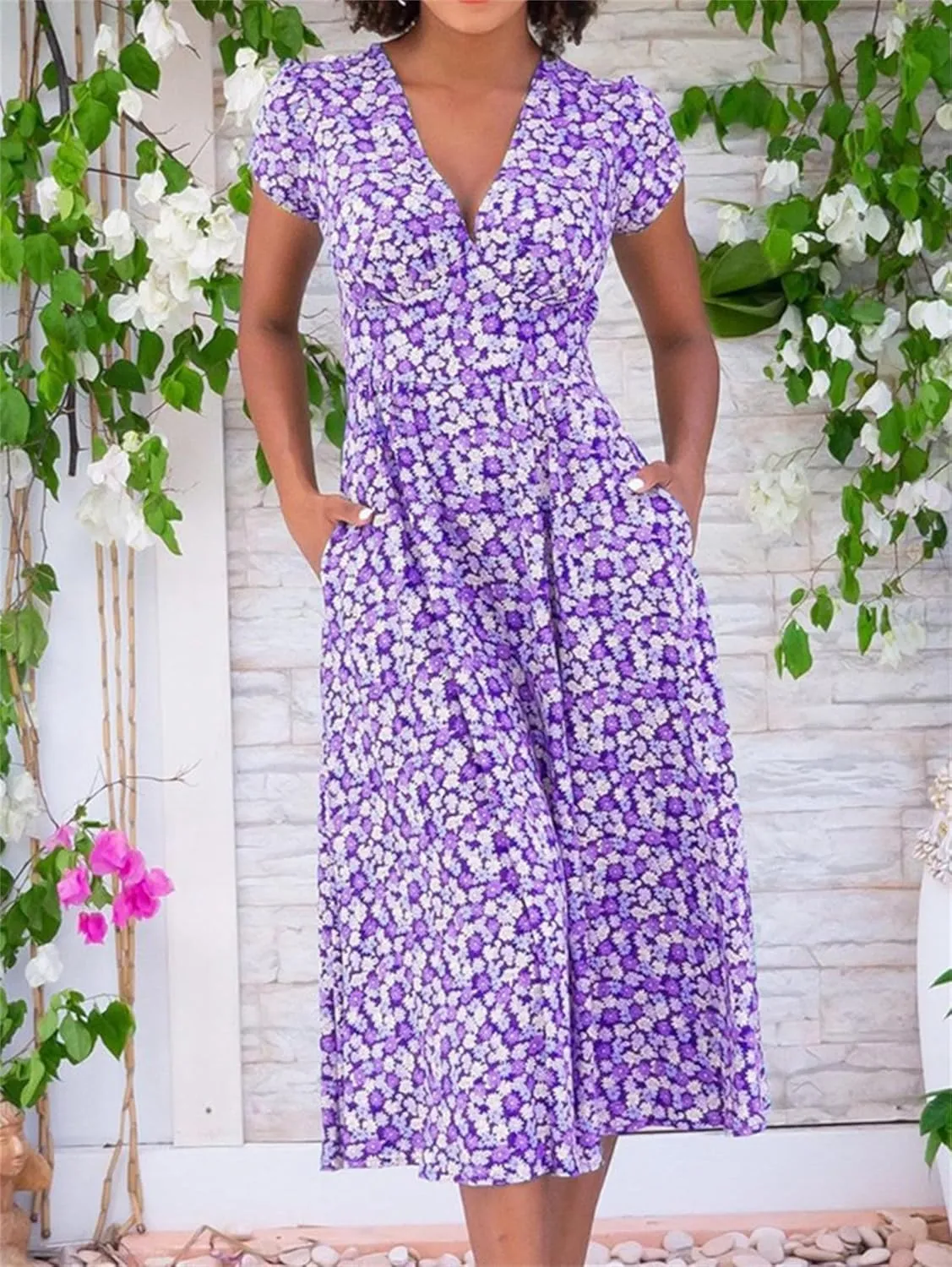 Summer Dresses for Women Floral Midi Wedding Guest Dress Deep V-Neck Short Sleeve Boho Prom Dresses Beach Sundress