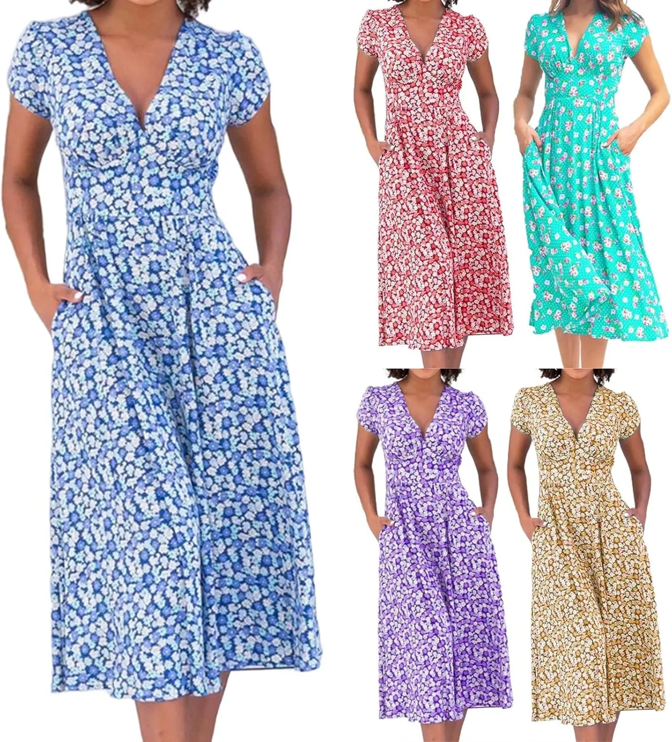 Summer Dresses for Women Floral Midi Wedding Guest Dress Deep V-Neck Short Sleeve Boho Prom Dresses Beach Sundress