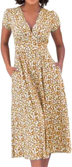 Summer Dresses for Women Floral Midi Wedding Guest Dress Deep V-Neck Short Sleeve Boho Prom Dresses Beach Sundress