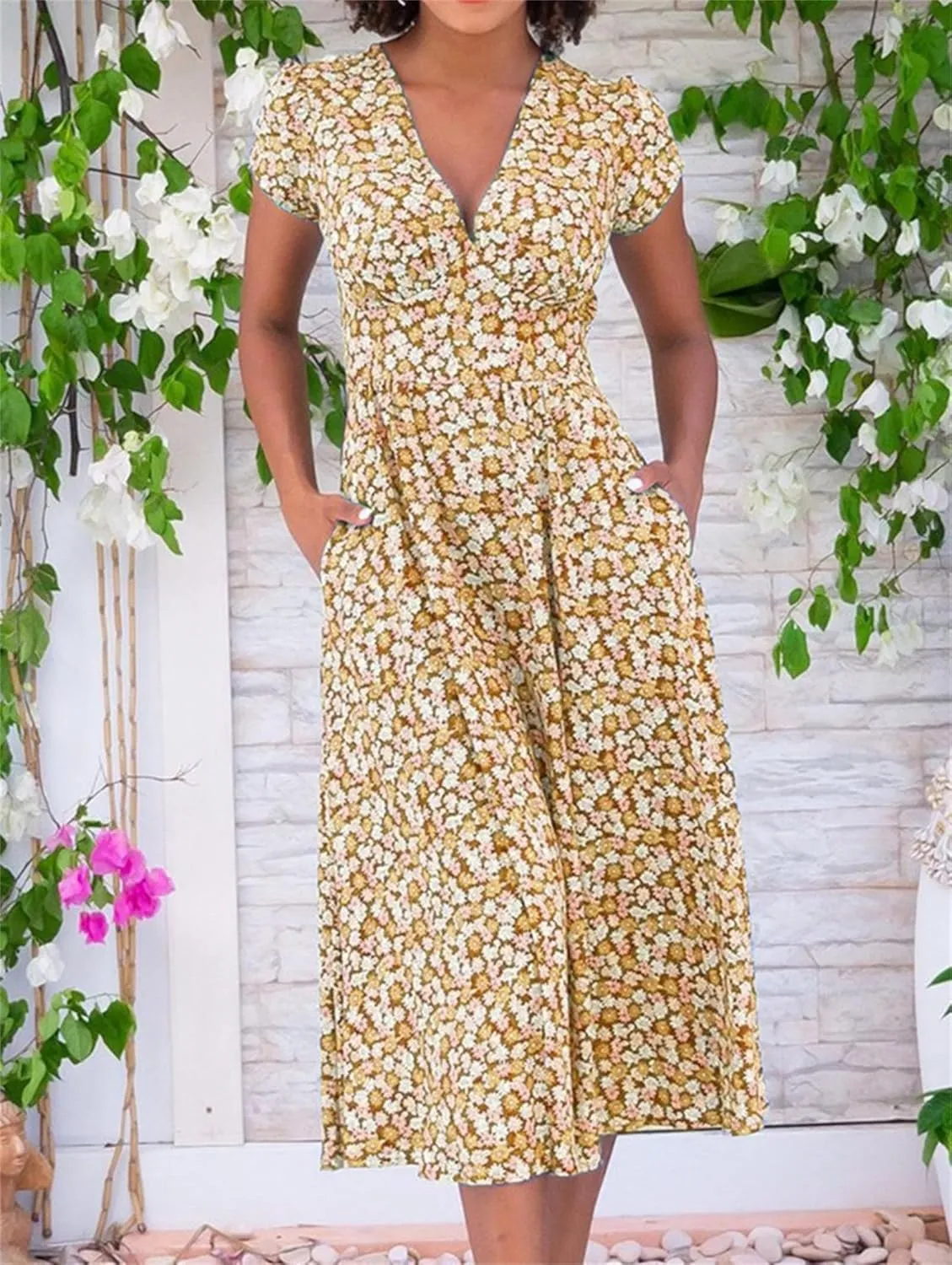 Summer Dresses for Women Floral Midi Wedding Guest Dress Deep V-Neck Short Sleeve Boho Prom Dresses Beach Sundress