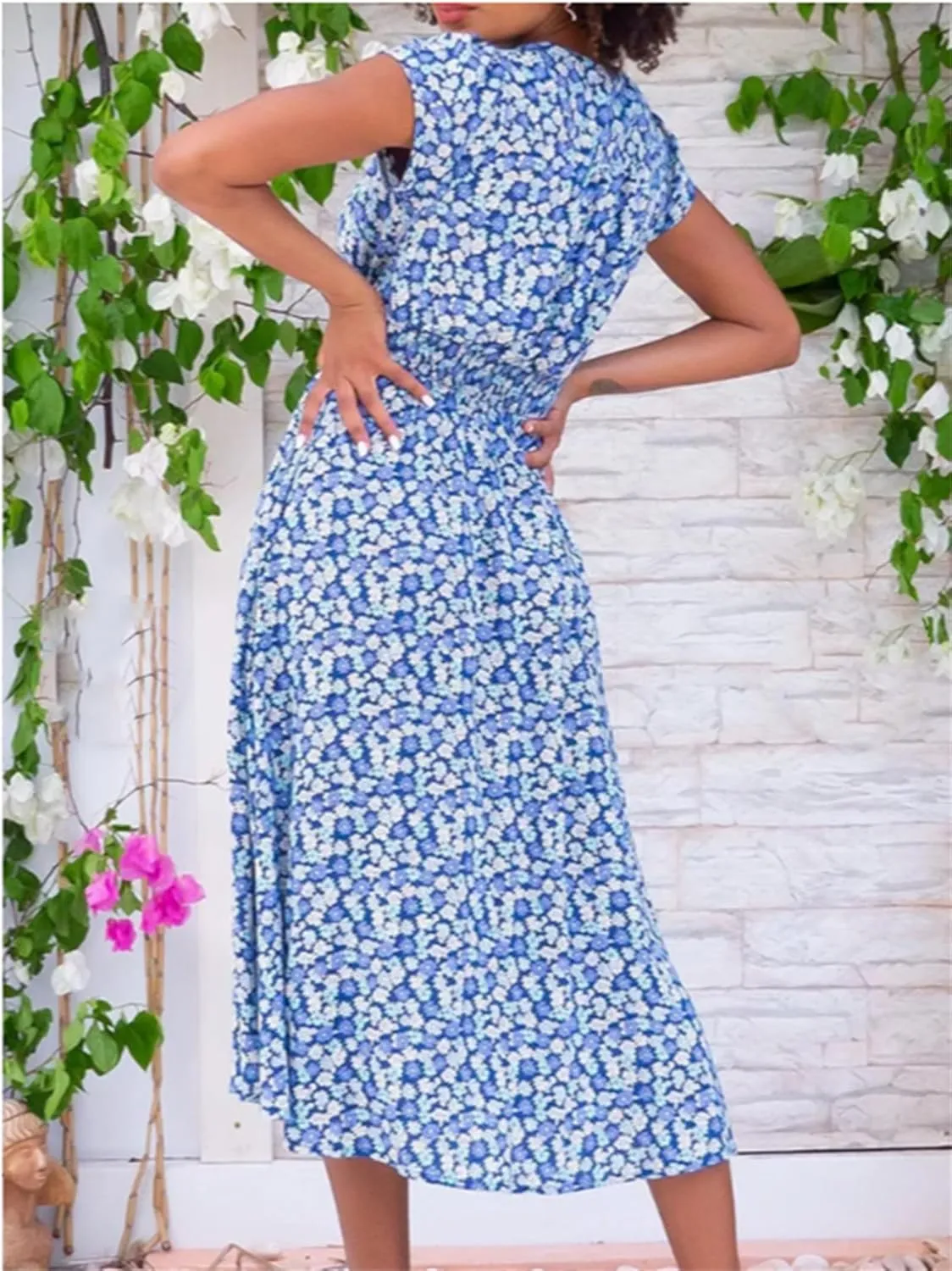 Summer Dresses for Women Floral Midi Wedding Guest Dress Deep V-Neck Short Sleeve Boho Prom Dresses Beach Sundress