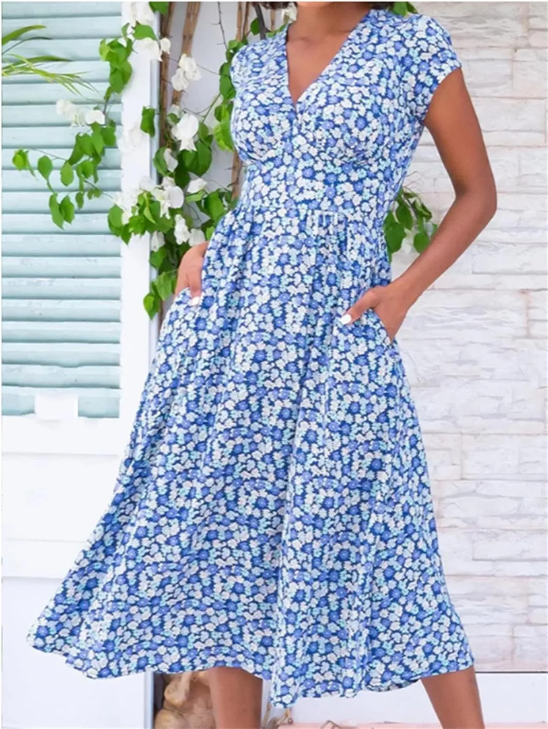 Summer Dresses for Women Floral Midi Wedding Guest Dress Deep V-Neck Short Sleeve Boho Prom Dresses Beach Sundress
