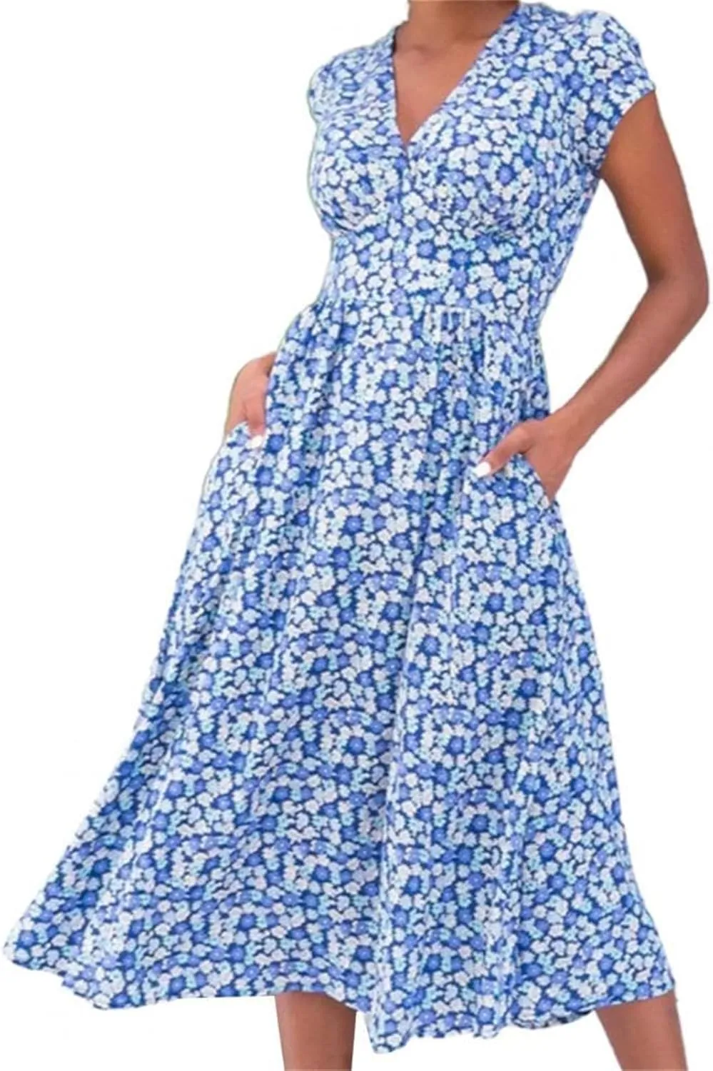 Summer Dresses for Women Floral Midi Wedding Guest Dress Deep V-Neck Short Sleeve Boho Prom Dresses Beach Sundress
