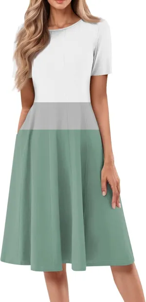 Summer Dresses for Women Flowy Floral Short Sleeve Dress Casual Beach Tshirt Dress Aline Midi Dresses with Pockets