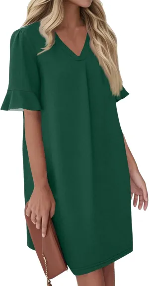 Summer Dresses for Women Ruffle Short Sleeve V Neck Casual Shift Dress with Pockets Beach Vacation Clothes