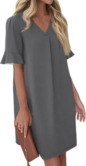 Summer Dresses for Women Ruffle Short Sleeve V Neck Casual Shift Dress with Pockets Beach Vacation Clothes
