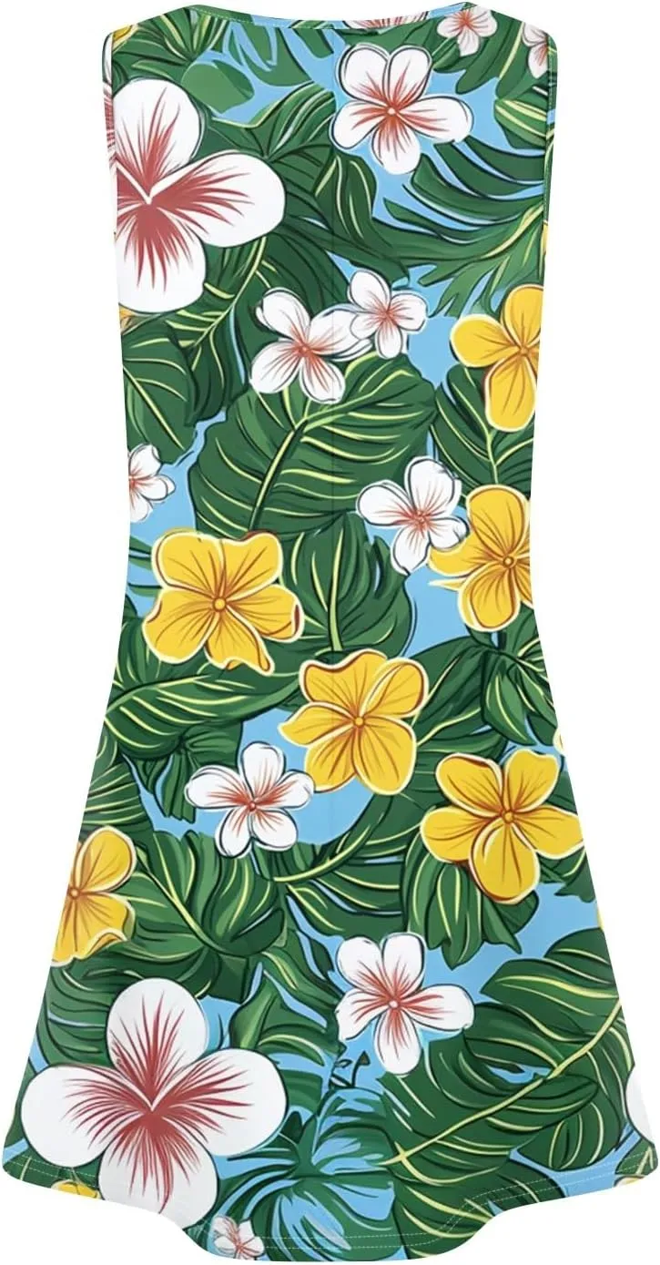 Summer Dresses for Women Sleeveless Mini Dresses Beach Floral Tshirt Sundress Casual Pockets Boho Tank Dress