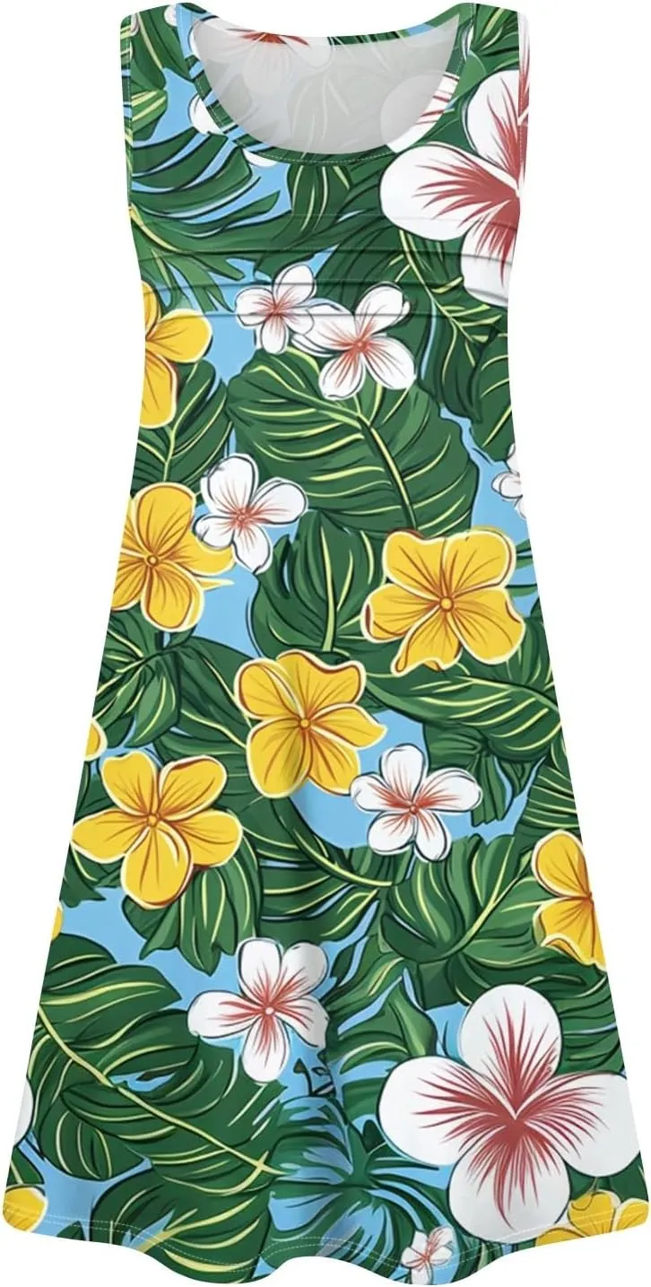 Summer Dresses for Women Sleeveless Mini Dresses Beach Floral Tshirt Sundress Casual Pockets Boho Tank Dress