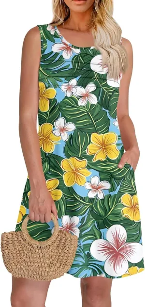 Summer Dresses for Women Sleeveless Mini Dresses Beach Floral Tshirt Sundress Casual Pockets Boho Tank Dress