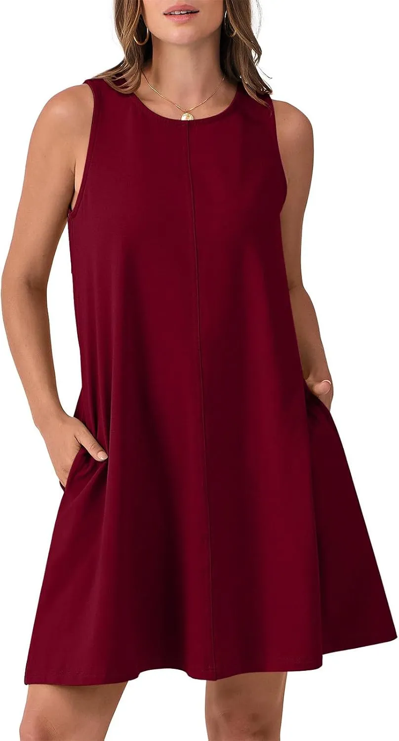 Summer Dresses for Women Solid Sleeveless Cutout Back Sundress Beach Swimwear Summer Casual Mini Dress with Pockets