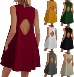 Summer Dresses for Women Solid Sleeveless Cutout Back Sundress Beach Swimwear Summer Casual Mini Dress with Pockets