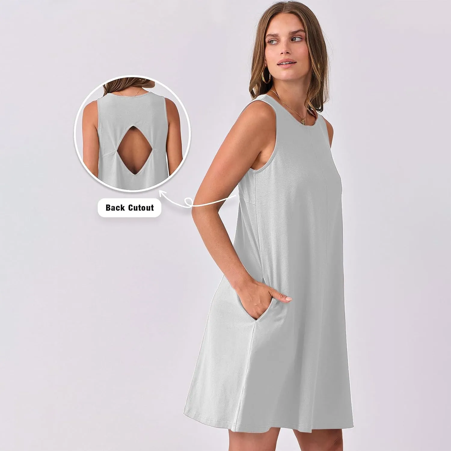 Summer Dresses for Women Solid Sleeveless Cutout Back Sundress Beach Swimwear Summer Casual Mini Dress with Pockets